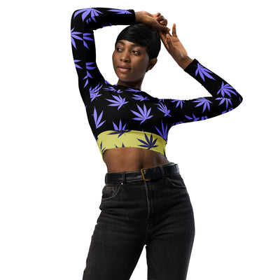 Hemp Leaf Print Long-Sleeve Crop Top
