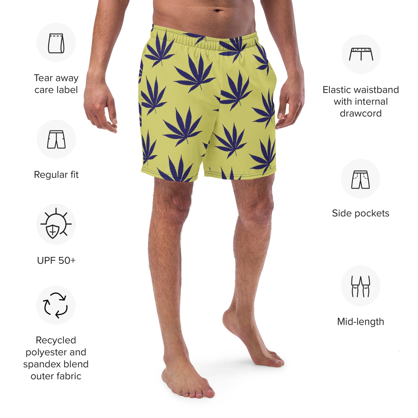 Yellow Leaf Print Swim Trunks