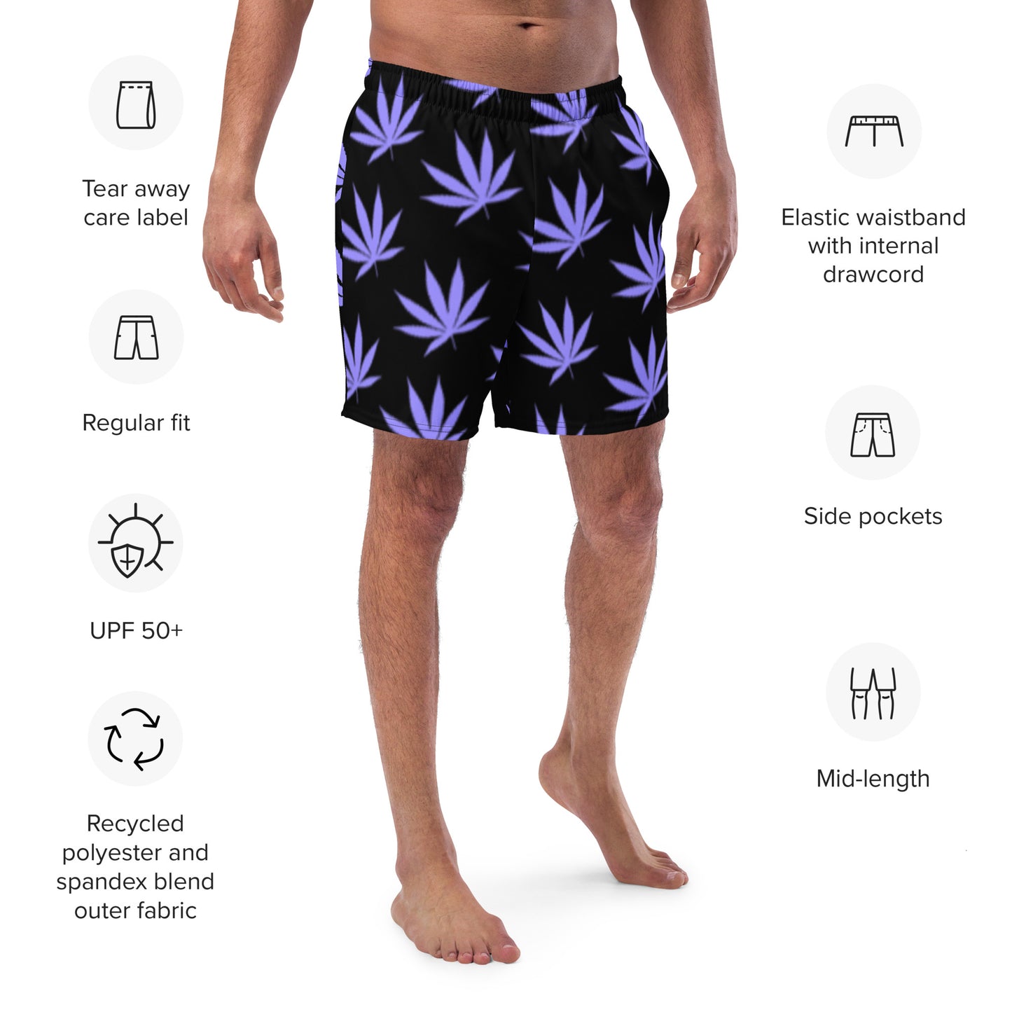 Dark Leaf Print Swim Trunks
