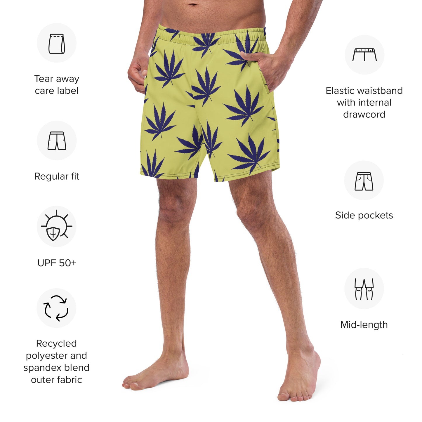 Yellow Leaf Print Swim Trunks