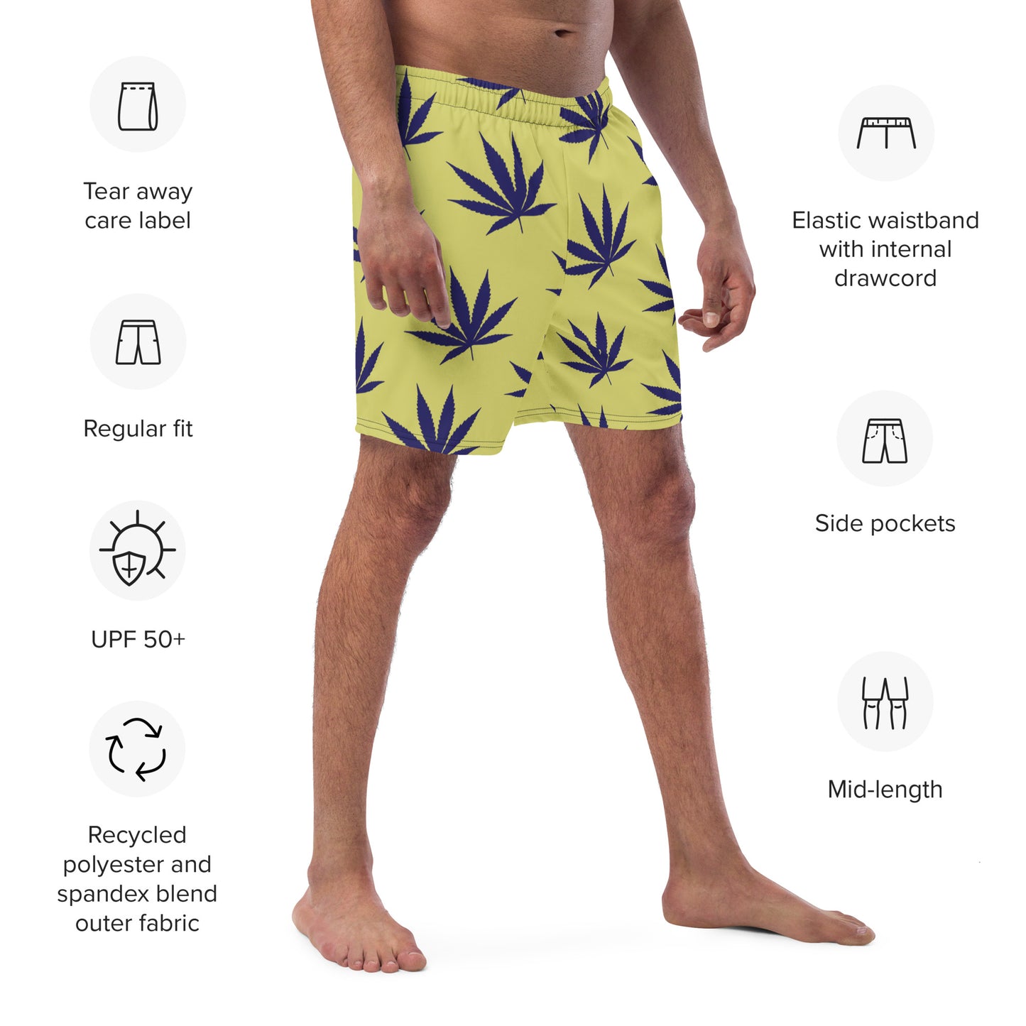 Yellow Leaf Print Swim Trunks